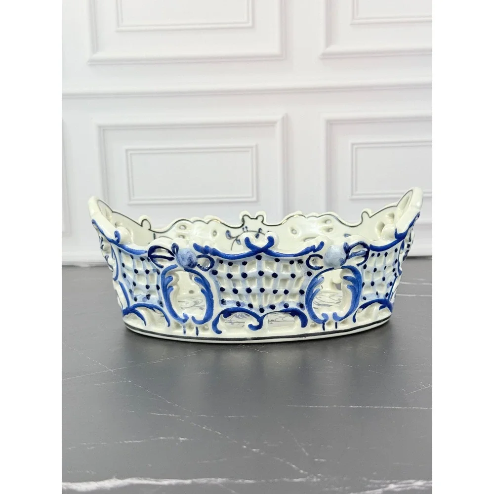 VTG Outeiro Agueda Hand Painted Reticulated Porcelain Blue White Basket 8